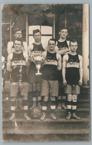 Champion Basketball Team Rppc Antique Sports Trophy Photo Azo Boys 1910s