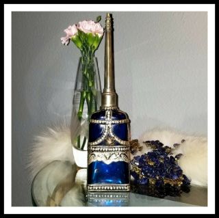 Antique Vintage Cobalt Blue Glass Pewter Silver Perfume Rose Water Splash Bottle