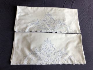 Pair Vintage White Cotton Housewife Pillow Cases Madeira Style Hand Embroidery