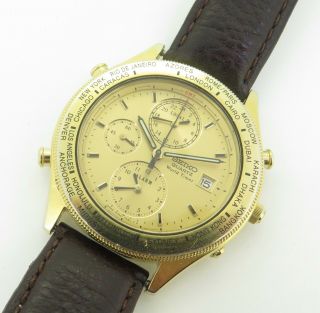 Vintage Seiko World Timer Chronograph Quartz Men’s Watch 5t52 7a20 $1 N/r
