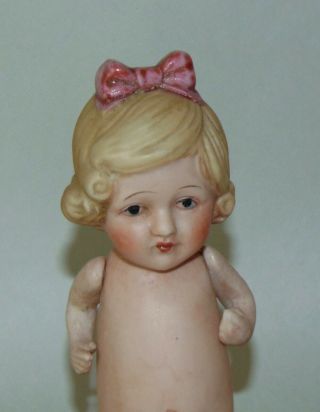 Antique Bisque Doll Little Girl With Pink Bow Japan