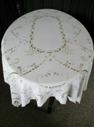 LARGE ANTIQUE MADEIRA TABLECLOTH - HAND EMBROIDERED FLOWERS 2