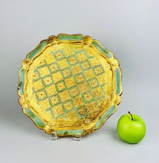 Vintage Italy Gold Gilt Florentine Tole Wood Round Serving Tray 13 1/2 "