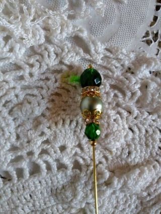 Antique Victorian Inspire Vtg Emerald Shamrock Green Hat Pin Gold Scarf Hatpin