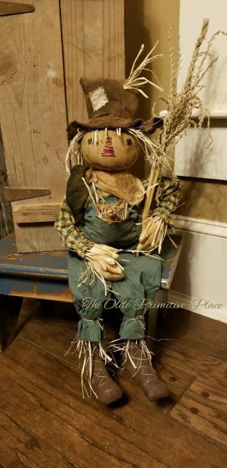 Made To Order Primitive Scarecrow W/ Crow,  Mouse And Corn Stalk - Fall/autumn