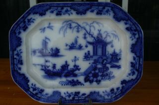Antique 1840 Thomas Godwin Macao Flow Blue Platter 16 " X 12 "