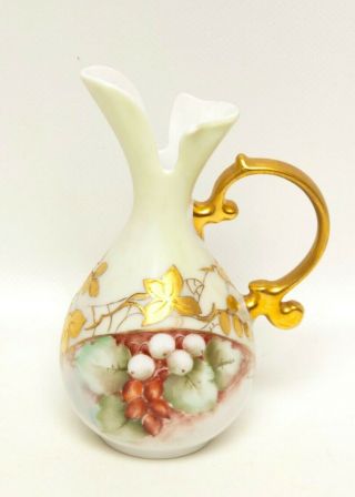 Antique Limoges Porcelain Ewer Hand Painted Grapes Design Encrusted Gold Artist