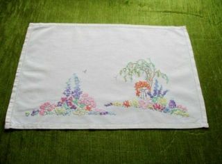 Vintage Tray Cloth - Hand Embroidered English Cottage Garden Flowers