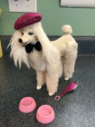 Vintage 1984 Prince Barbie Poodle Dog W/both Collars Food Bowls Beret
