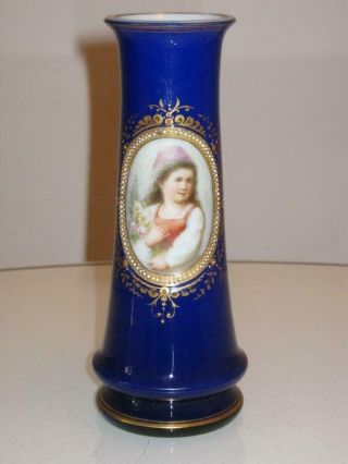 Stunning Antique Hand Painted Bohemian Blue Glass Vase