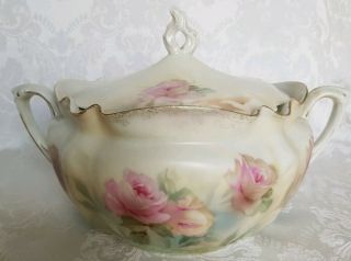 Antique R.  S.  Prussia Handled Covered Jar Hand Painted Roses Iridescent Cover