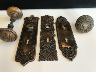 3 Antique Copper Back Plates And Ornate Door Knobs