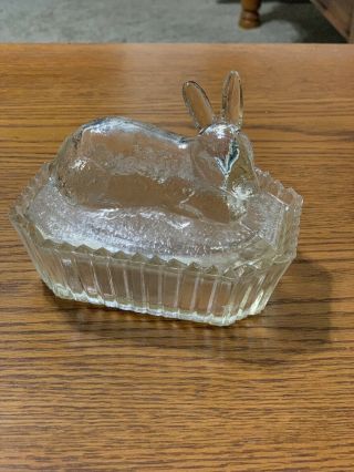 Antique Early Glass Rabbit On Nest Covered Dish