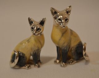 Sterling Silver & Enamel Siamese Cat Miniature Figurines By Saturno