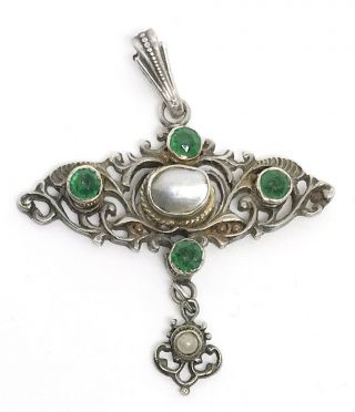 Antique Old Edwardian Silver Emerald & Mother Of Pearl Ornate Necklace Pendant