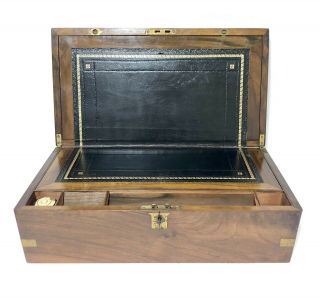 Antique Victorian Brass Bound Writing Slope Box With Key And Inkwell