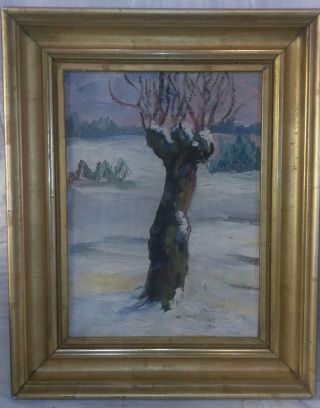 Antique Oil Painting American Snow Winter Landscape Tree Art Signed American