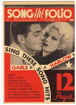 Vintage 1930s Song Hit Folio Clarke Gable Jean Harlow Mandy What A Night