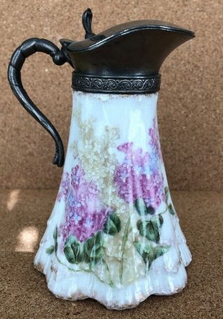 Antique Bavarian China Germany Lilac Syrup Pitcher Jug Shell W/ Pewter? Lid