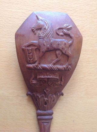 Carved Treen Wooden Spoon Blakely Norfolk Family Crest Motto Allons Dieu Ayde