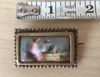 Antique Miniature Hand Painted Porcelain Pin Brooch - two children 4