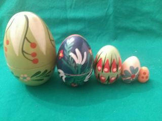 Vintage Polish Hand Painted Wood Nesting Eggs Dolls 5 Nests Made In Poland