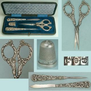 Ornate Antique Cased Sterling Silver Sewing Set English Hallmarked 1894