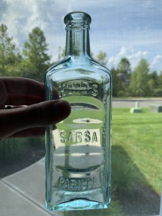 Antique Hood’s Sarsaparilla Embossed Apothecary Medicine Bottle Lowell Mass 69