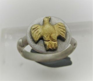 Scarce Ancient Roman Silver Military Seal Ring With Gold Aquilla Eagle Bezel