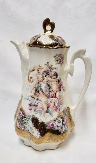 Antique Victorian Chocolate/tea Pot Floral Cherub Angel Gold Gild Overlay