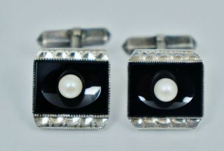 Vintage Sterling Silver Akoya White Cultured Pearl Black Onyx Cuff Links