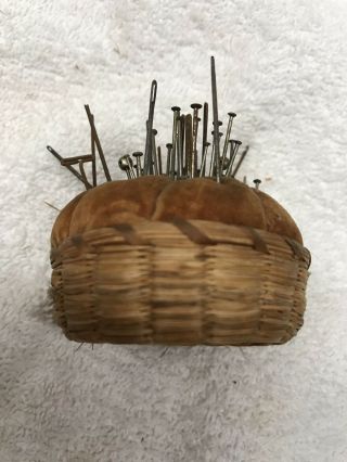 Early Primitive Straw Basket Pincushion - W Pins 2.  5 X 1.  5”