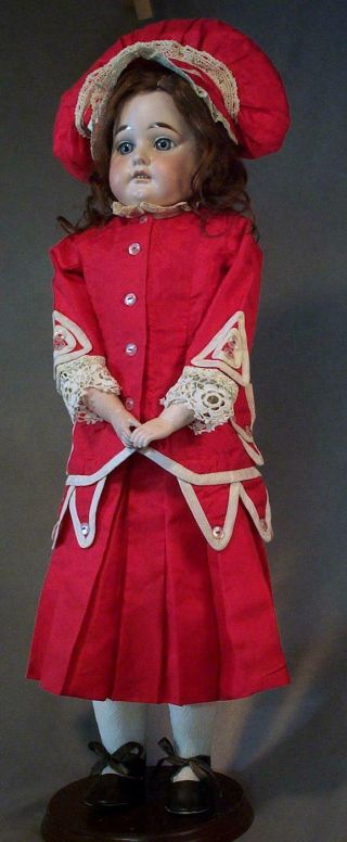 3 Piece Red Silk Dress And Hat For Antique French Bebe Or Antique German Doll