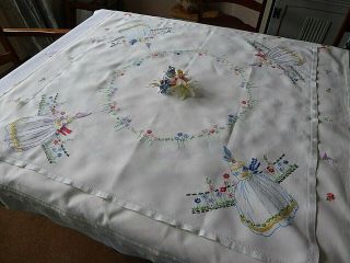 Vintage Hand Embroidered Tablecloth/ Little Crinoline Ladies