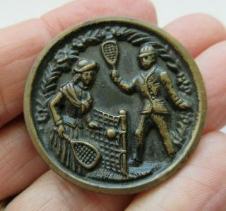 Fabulous Large Antique Vtg Metal Sport Picture Button Couple Playing Tennis (i)