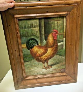 Vintage Oil On Canvas Signed " Trevor James " Rooster Painting Pine Frame