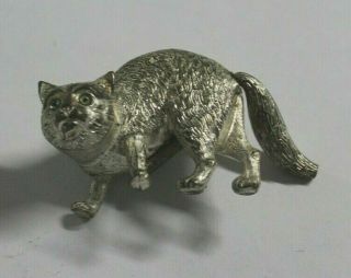 Rare Antique Tape Measure Metal Figural Cat With Winding Tail Green Glass Eyes