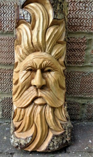 Hand Carved Wooden Facial Ornament (possibly Nordic) - Green Man?