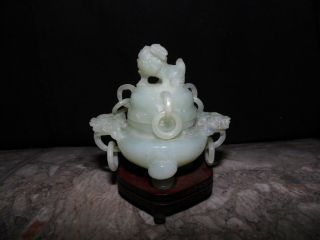 Vintage Jade Small Opium Jar Trinket Box On Wood Stand Guardian Lion