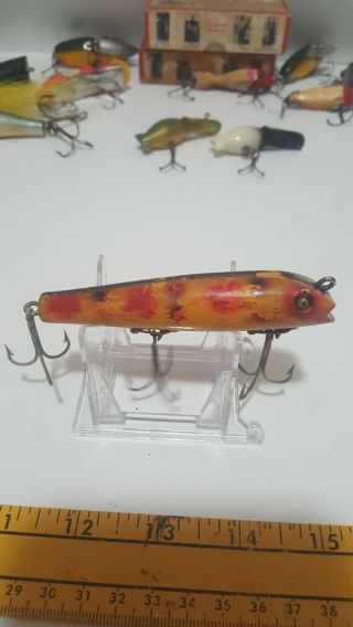 Vintage Heddon Dowagiac Darting Zara In Yellow With Red And Black Spots.