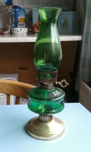 Vintage Large Green Glass Oil Lamp With Chimney.