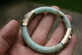 Antique Chinese Jade Hardstone Bangle Bracelet With Silver Metal Hinged