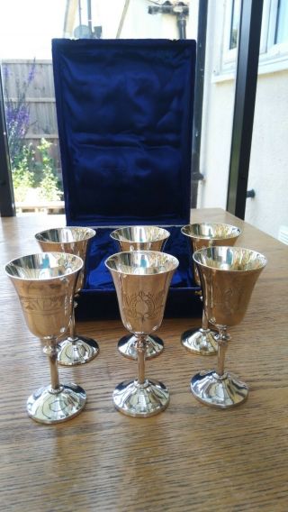 Set Of 6 Vintage Silver Plated Goblets Wedding Wine Glasses - 5” Cased