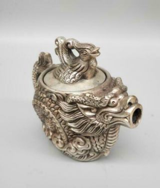 Chinese Tibetan silver Copper dragon and phoenix teapot crafts statue 3