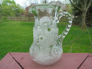 Antique Eapg Pattern Glass Millersburg Frosted Hobstar & Feather Water Pitcher
