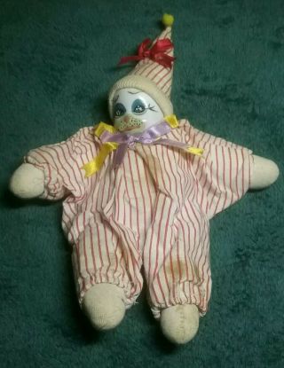 Vintage Clown Doll Porcelain Head Red Stripes Costume With Matching Pointed Hat