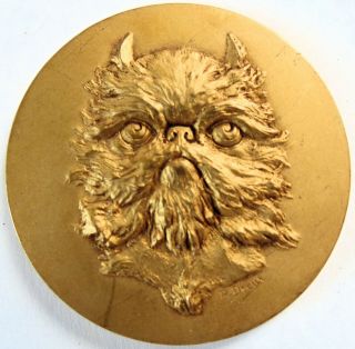 Rare Antique French Gilded Bronze Dog Medal Griffon Bruxellois Brussels Griffon