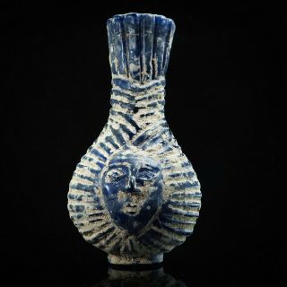 Ancient Roman Blue Glass Handsome Head Circa 2nd - 3rd A.  D.  Perfume Posh Bottle