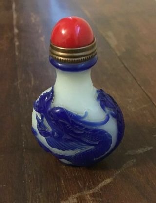 Antique Chinese Glass Snuff Bottle With Blue Dragon Fish