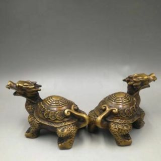 Chinese Antique Old Copper Hand - Made Dragon Tortoise A Pair